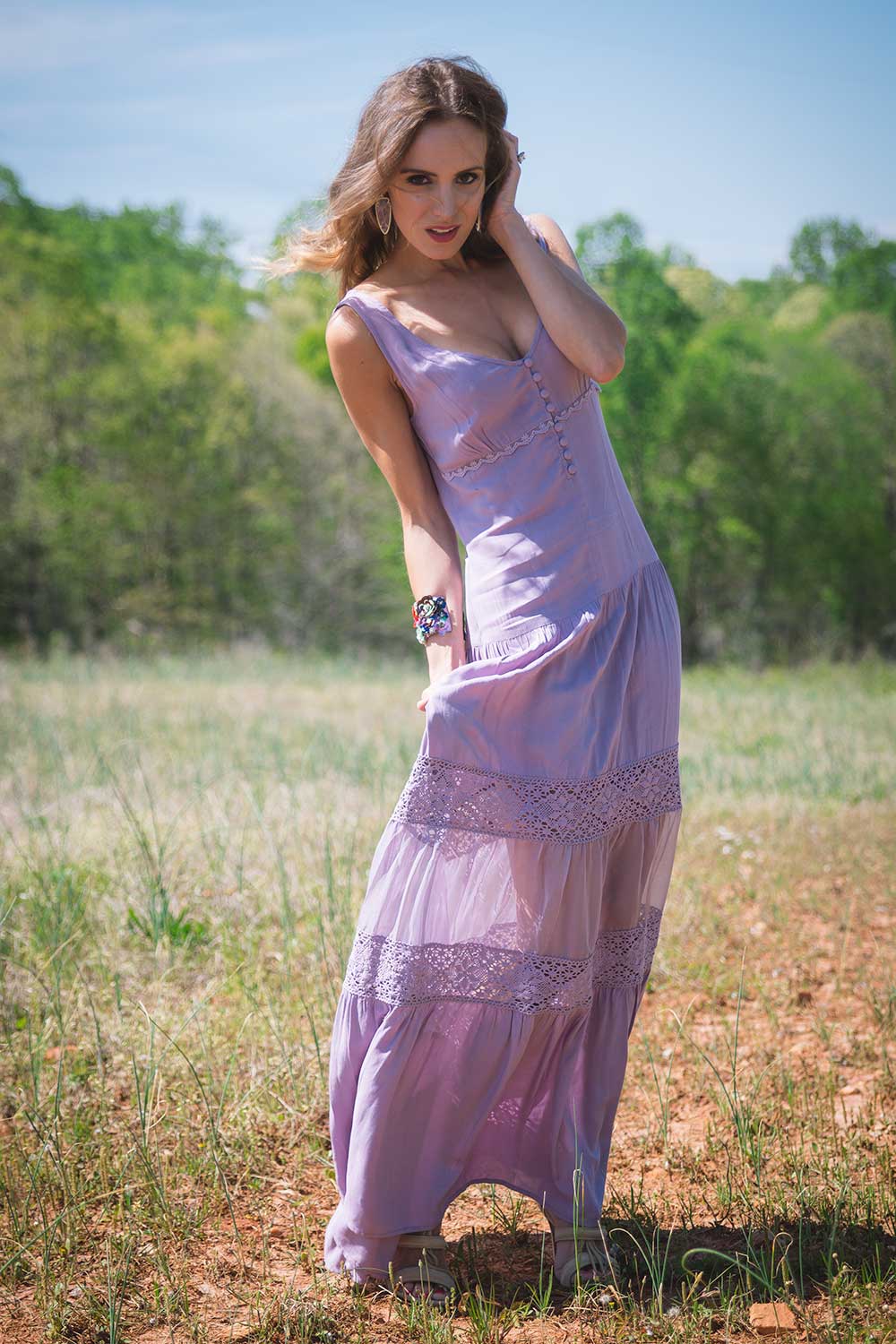 Lifestyle Blogger Samantha Busch in a lilac purple dress.