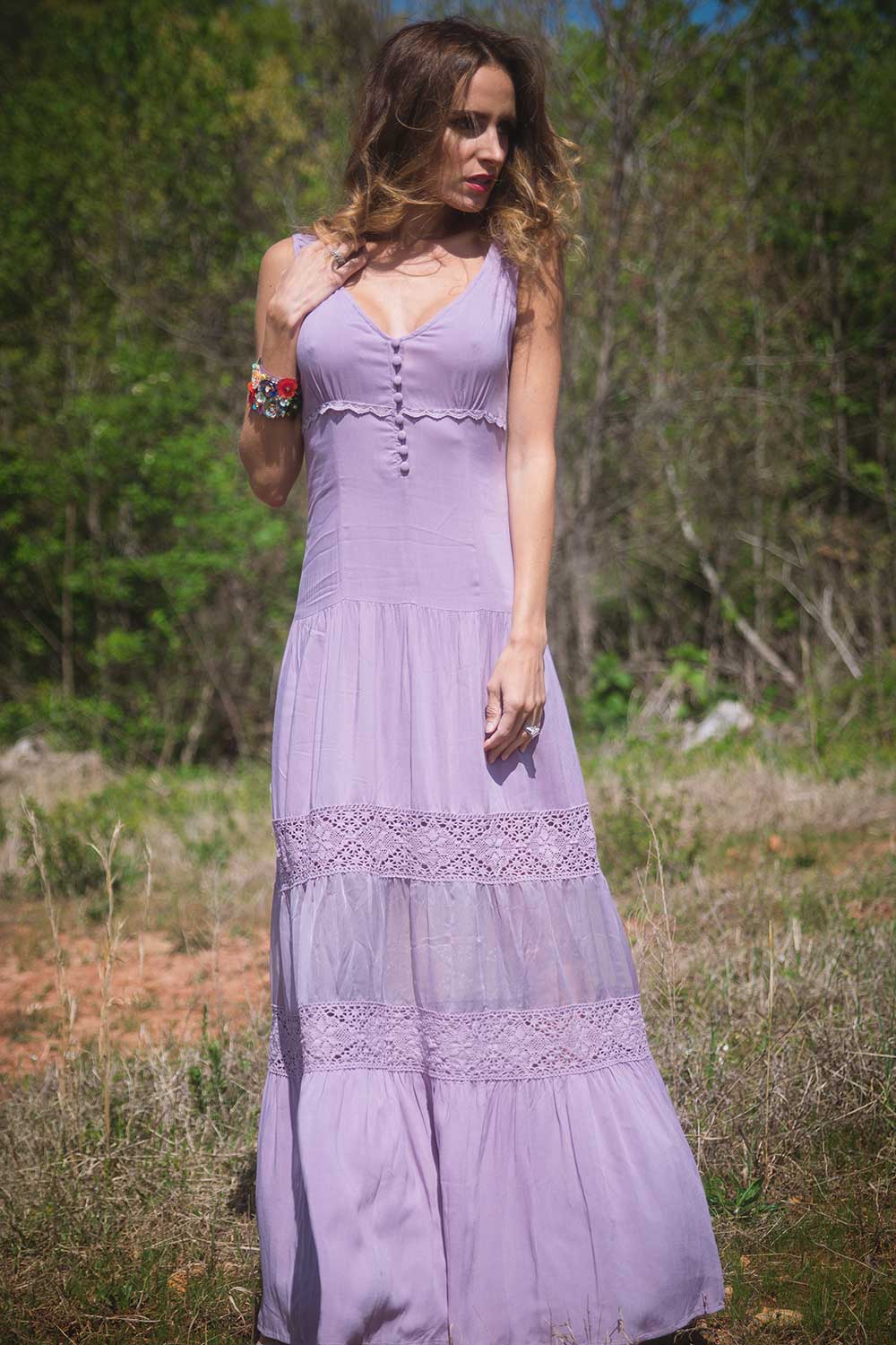 Lifestyle Blogger Samantha Busch in a lilac purple dress.